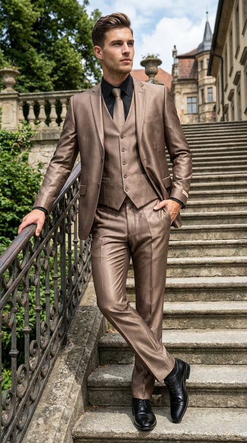 Men’s Bronze Brown Mocco 3 Piece Suit – Modern Formal Suit Set for Wedding, Prom and Business Events Light Brown Coffee Dark Tan