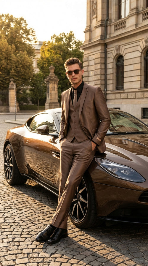 Men’s Bronze Brown Mocco 3 Piece Suit – Modern Formal Suit Set for Wedding, Prom and Business Events Light Brown Coffee Dark Tan