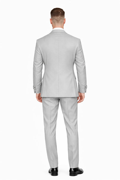 Men’s Light Grey Double Breasted Modern Designer Tailored Fit Wool Suit with Metal Buckle Closure