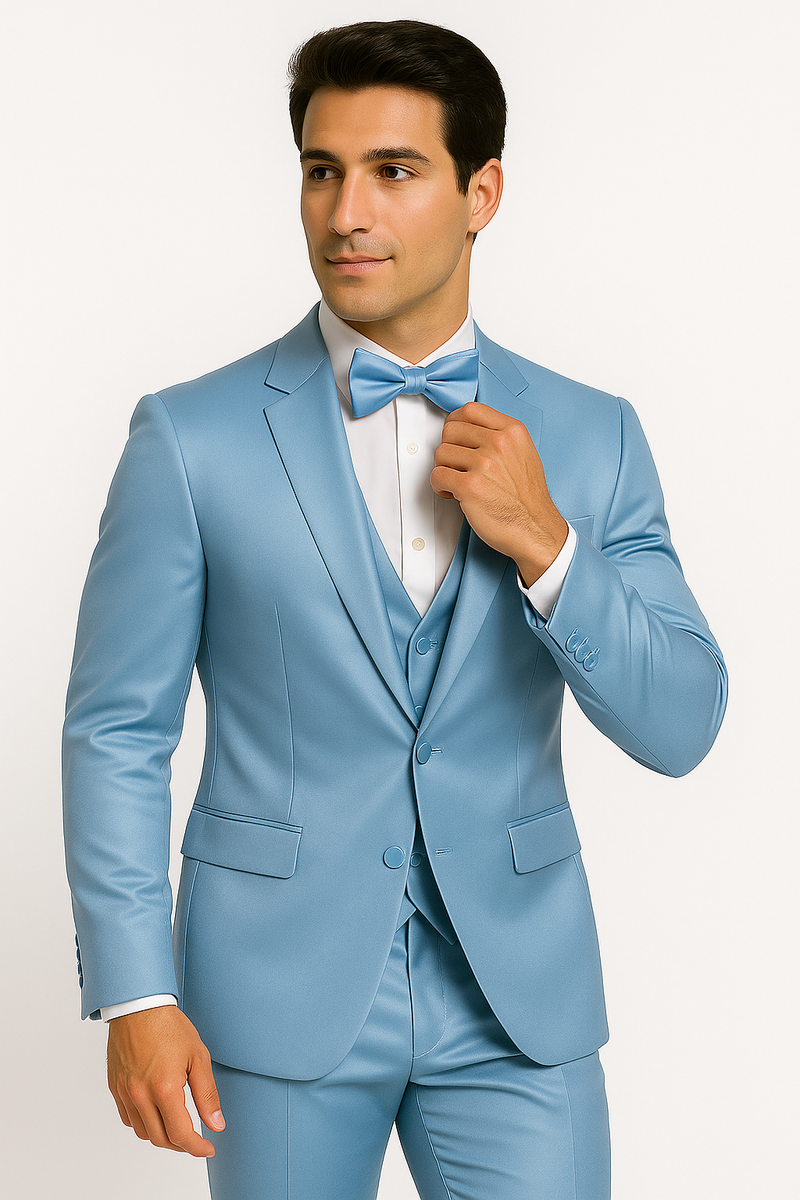 Light blue tuxedo set with fitted jacket, notch lapels, and two front pockets. Includes matching vest, shirt, and bow tie. Shiny fabric for a formal look.