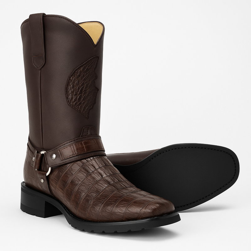 Los Altos Boot - Los Altos Cowboy Boots - Men's Biker Design Genuine Leather Caiman Tail Western Boots with Industrial Sole