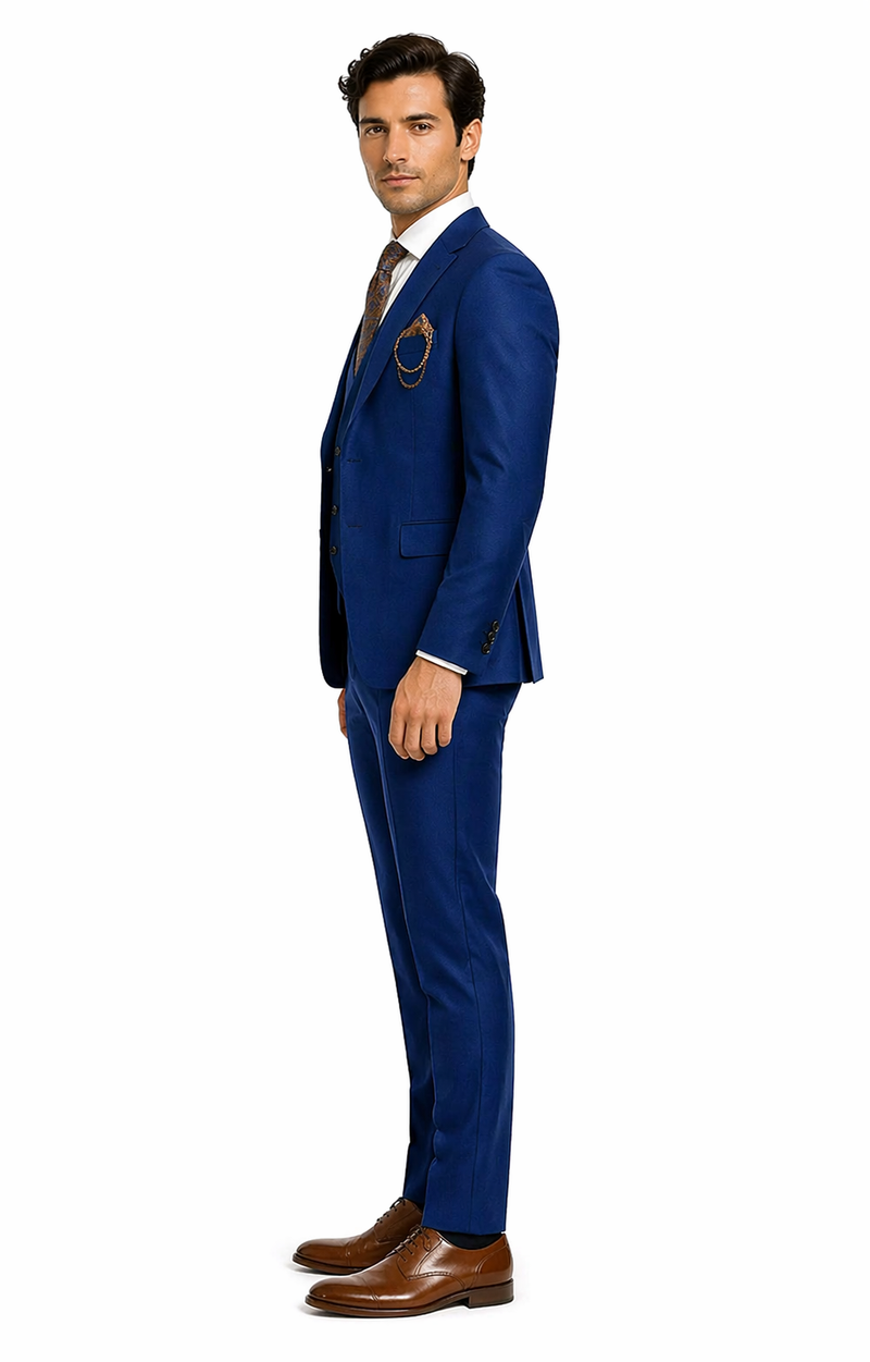 Luxury Blue Three-Piece Suit with Paisley Tie - Elegant Formal Outfit