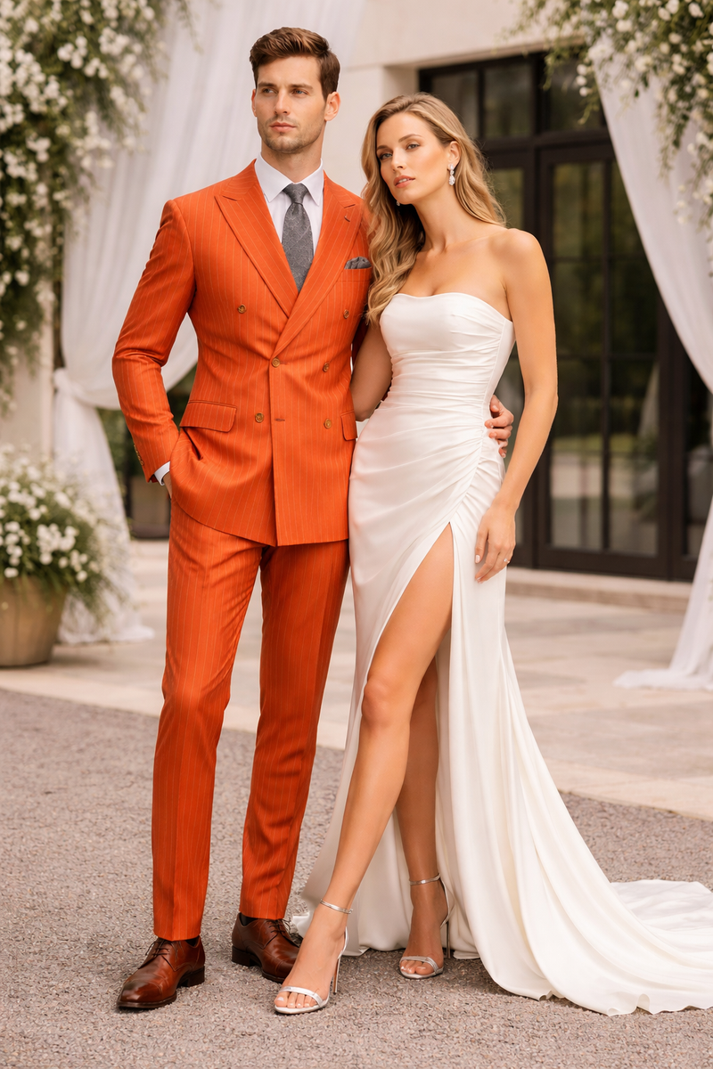 Luxury Mens Orange Pinstripe Suit“ Elegant Formal Outfit