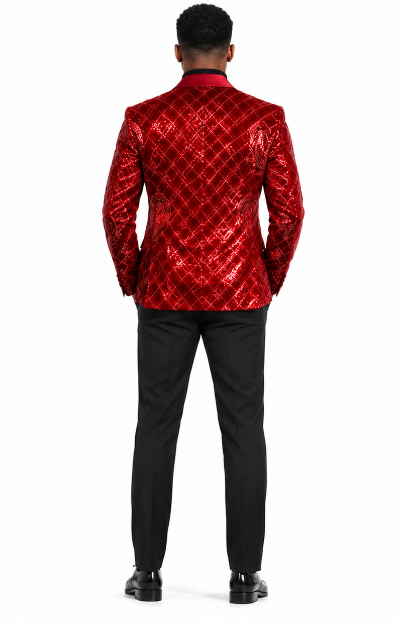 Mens Sequin Christmas Holiday Blazer – Luxury Party Jacket for New Year Jacket Sparkly Dinner Jacket in color "Crimson Red"