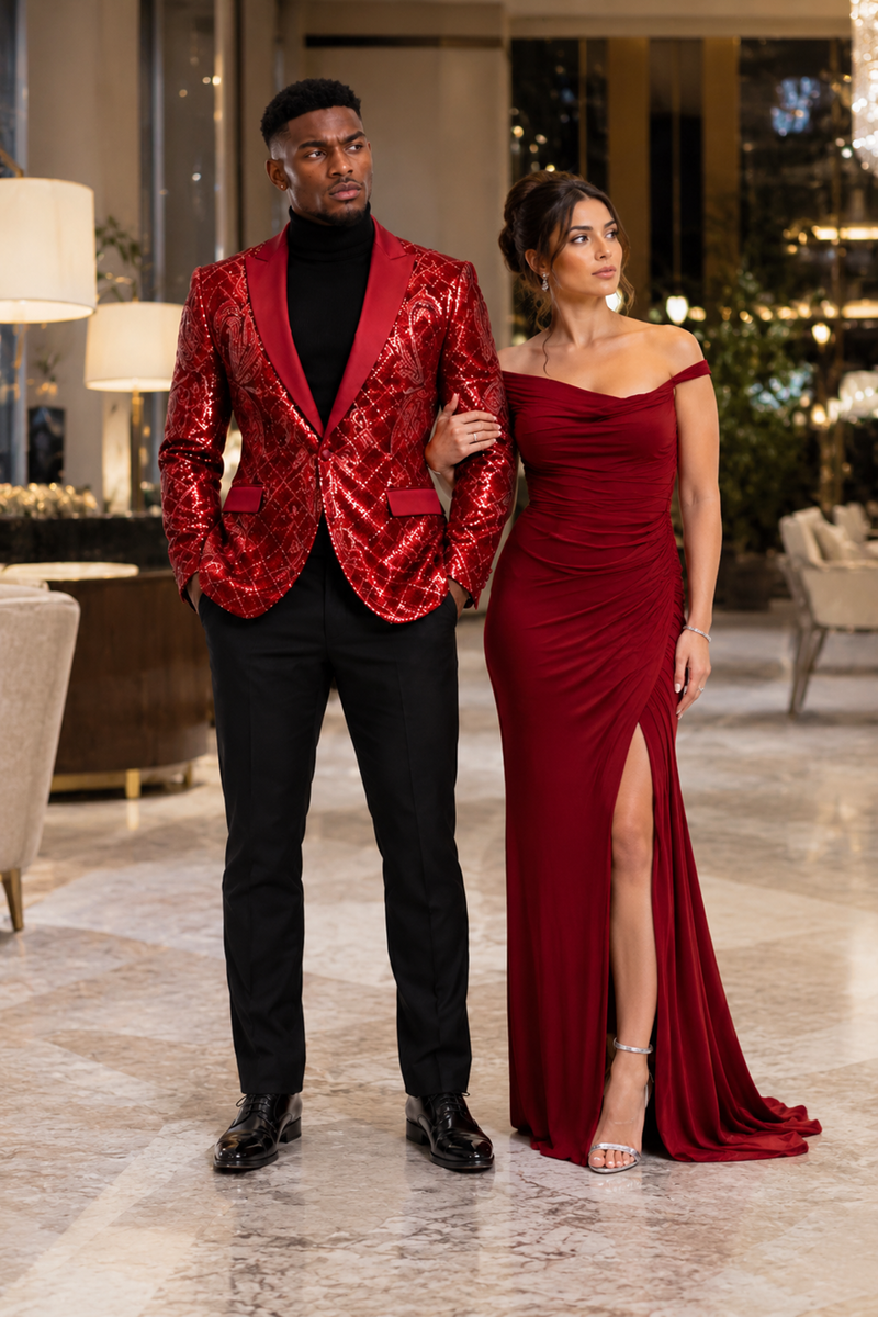 Mens Sequin Christmas Holiday Blazer – Luxury Party Jacket for New Year Jacket Sparkly Dinner Jacket in color "Crimson Red"
