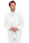 Modern fit Italian wool white tuxedo. Single-breasted jacket with peaked lapel, matching trousers, and vest. Smooth, tailored silhouette, subtle lapel detailing. Includes white bow tie and light blue shirt.