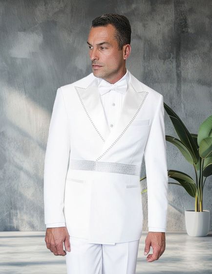 The Statement men's 2-piece tuxedo features a modern fit with a double-breasted jacket and is made from 100% wool. The tuxedo is predominantly white, accented with a decorative band of rhinestones around the waist and a contrasting black bowtie. The jacket has a peaked lapel design and includes two front pockets.