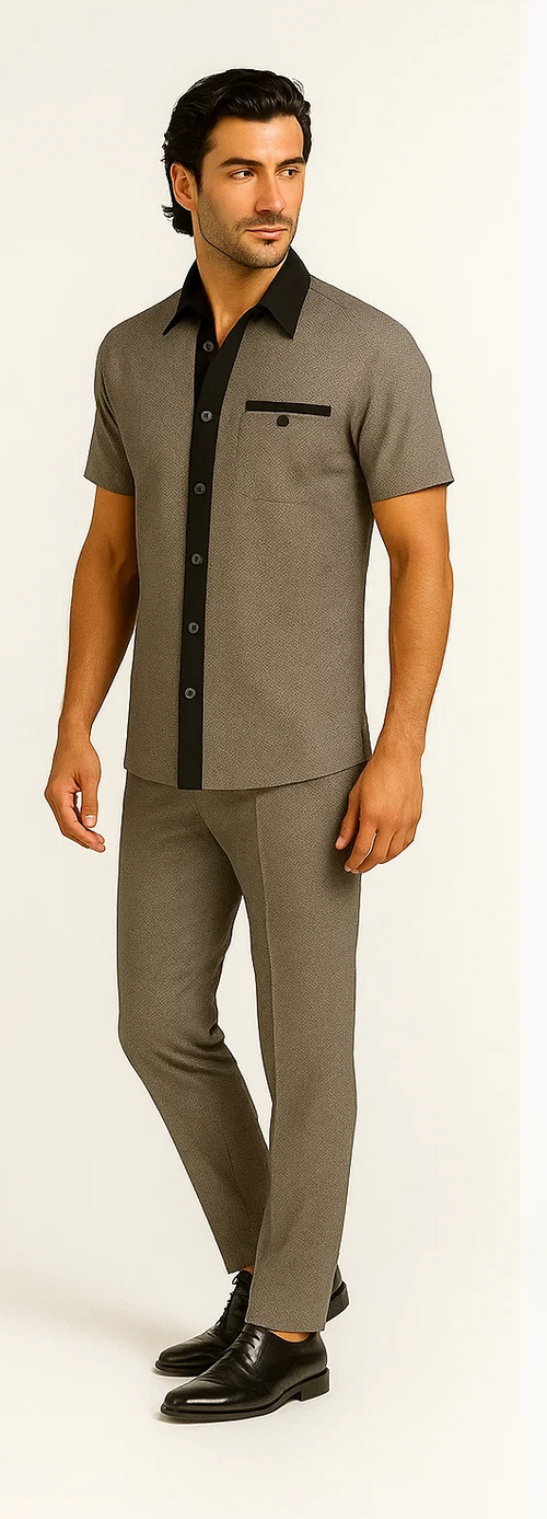 Men's houndstooth walking suit. Gray short-sleeve button-up shirt with black accents, subtle houndstooth pattern. Solid gray, tailored pants. Two-piece set for a fitted look.