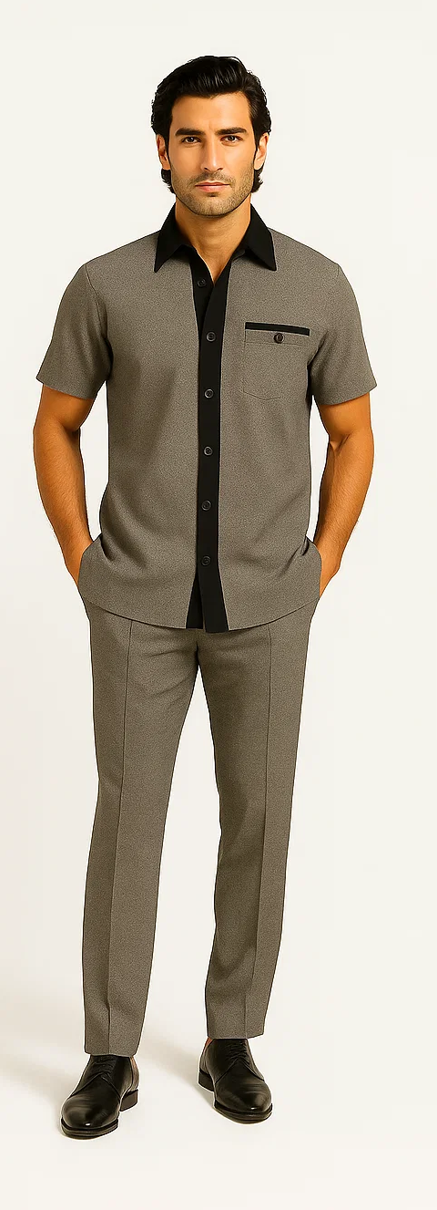 Men's houndstooth walking suit: gray short-sleeve shirt (black collar/buttons) & slim-fit pants. Houndstooth pattern throughout. Sleek design.