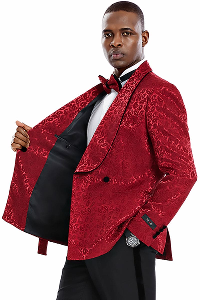 "Burgundy Paisley Men's Slim Fit Double Breasted Tuxedo - Smoking Jacket for Prom 2026 & Wedding"