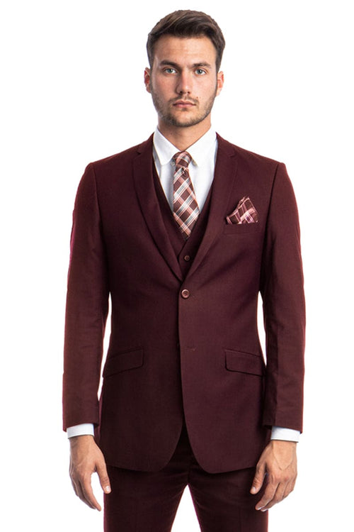 "Burgundy Slim Fit Men's Wedding Suit - Two Button Basic Vested"