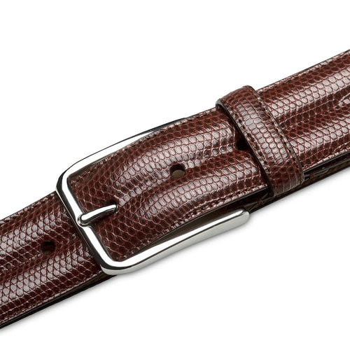 Dark brown Mezlan lizard belt. Classic textured lizard skin, smooth finish. Silver-tone buckle, adjustable fit.