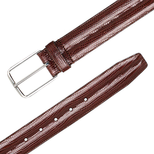 Dark brown Mezlan lizard belt. Textured lizard skin, rectangular silver buckle, wide with multiple adjustment holes and a pointed end. Classic and stylish.