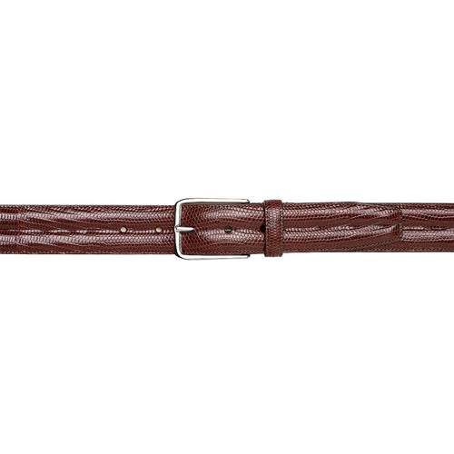 Dark brown Mezlan lizard belt. Textured skin pattern, tapering width, silver buckle, and adjustable holes. Rich color with tonal variation.