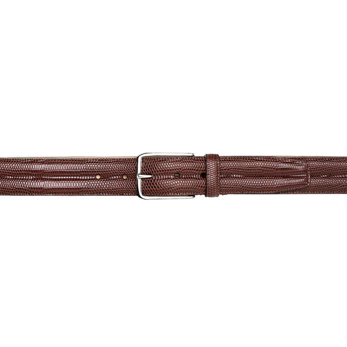Mezlan's classic lizard belt: deep brown, sleek shape, textured lizard skin. Polished silver buckle, adjustable fit. Elegant and timeless.