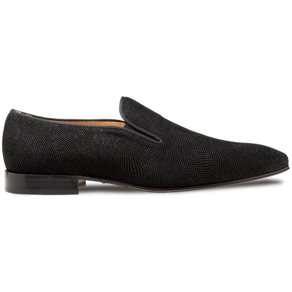 Mezlan Notte: Black glass suede slip-on. Elongated, low-profile silhouette. Textured suede with rounded toe and side slit. Smooth black sole. Streamlined, minimalistic, and formal design.