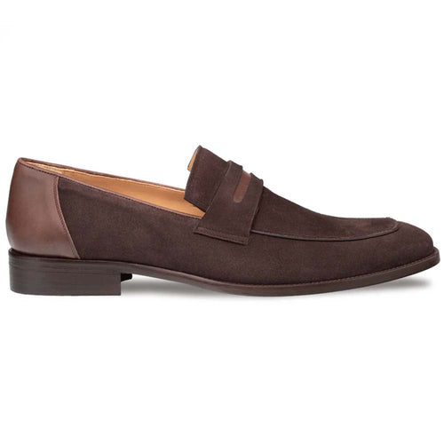 Brown Mezlan Galeno suede penny loafer. Rounded toe, brown suede upper, contrasting dark brown leather heel, penny strap. Flat, subtly textured outsole. Stylish and refined.