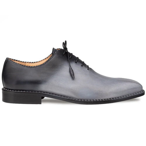 Mezlan Barbaro Oxford: Two-tone leather shoe with grey-to-black gradient, elongated form, rounded toe, lace-up, stitched welt, and low-profile black rubber sole. Polished finish.