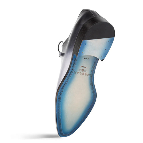 Mezlan Barbaro Two Tone Oxford: Grey and black leather with a sleek, pointed toe. Leather sole with blue tint, offering a rounded shape for stability.