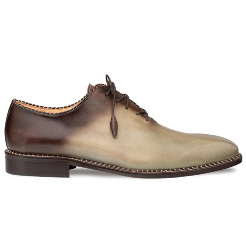 Mezlan Barbaro Two Tone Oxford in olive/mocha leather. Streamlined shape with elongated toe. Olive to mocha gradient upper, dark brown sole. Dark brown laces & eyelets. Subtle sole stitching.