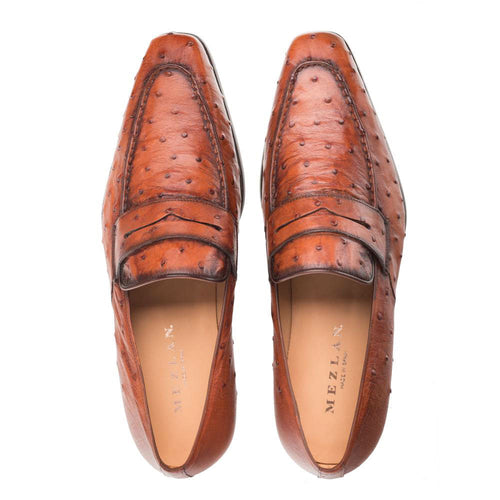 Mezlan Lisbon penny loafers: Brown ostrich quill leather, elongated shape, pointed toe. Classic penny slot design, smooth lining, low stacked heel.