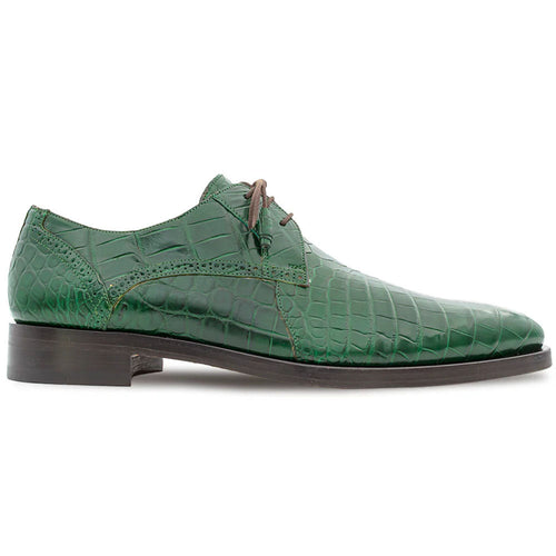 Mezlan Dandy Alligator lace-up shoe in forest green alligator leather with a textured pattern and pointed toe. Features thin brown laces and a dark sole.