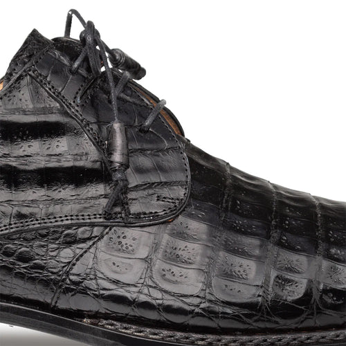 Mezlan Cratos Derby: Black crocodile leather upper with rounded toe and flap lacing. Textured, glossy finish showcasing visible scales. A luxurious and structured design.