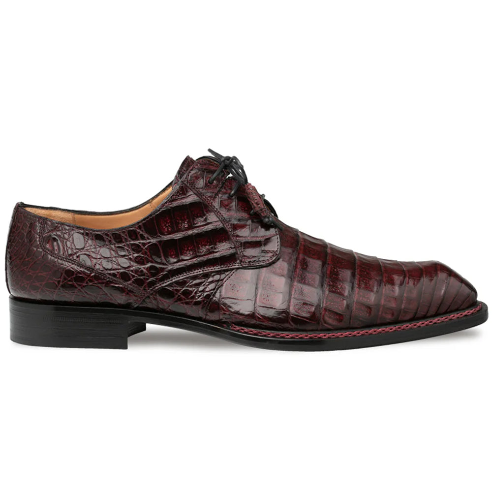 Burgundy Mezlan Cratos Derby shoe. Pointed toe, structured silhouette, crocodile leather upper with glossy scales. Black laces, small heel, stitched sole border.