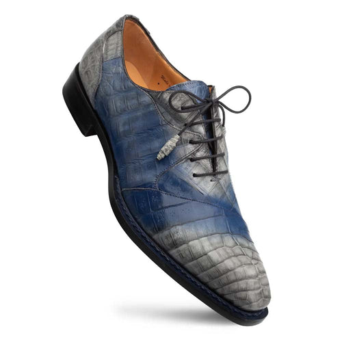 Mezlan Pueblo Oxford. Pearl grey/blue crocodile leather upper with gradient blend. Pointed toe. Black leather sole. Matching laces. Structured oxford design.