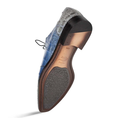 Mezlan Pueblo Oxford. Pearl grey/blue crocodile leather upper. Gradient effect with pointed toe, thin laces, and dark heel. Decorative sole for enhanced design.