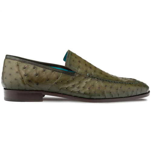 Olive Mezlan Menor ostrich slip-on with a streamlined silhouette and slightly pointed toe. Features textured ostrich leather upper in olive green. Contrasting turquoise lining. Low-profile heel.