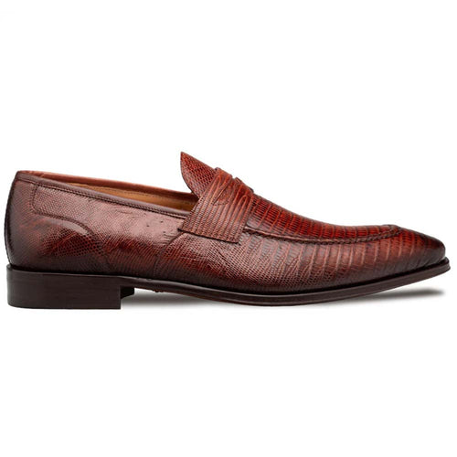 Cognac Mezlan Mayor Lizard Penny Loafer: Sleek, elongated design with high vamp. Textured lizard skin upper, stitched band, and leather lining. Dark brown leather sole.