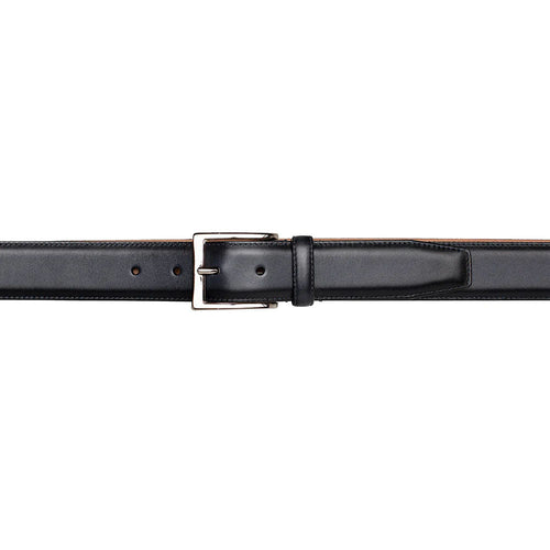 Mezlan black calfskin belt with a smooth, flat form and silver buckle. Features a polished finish and adjustable holes. Classic patina style.