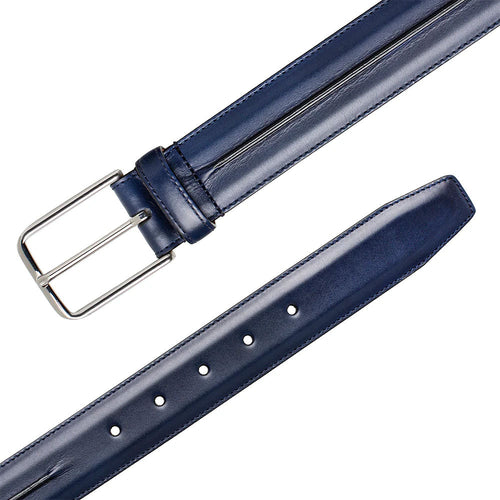 Blue Mezlan calfskin belt. Rectangular strap with subtle sheen, silver buckle, and adjustable holes. Pointed tip and edge stitching create a structured, polished look.