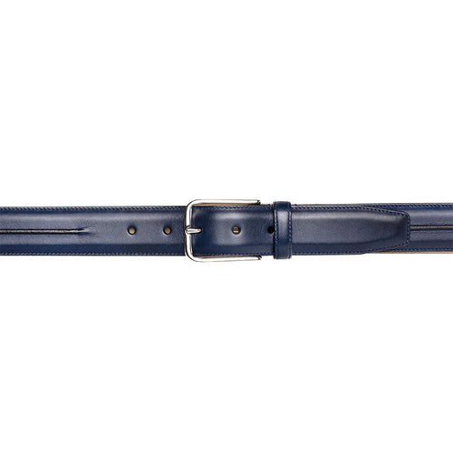 Blue Mezlan calfskin belt. Smooth leather, polished silver buckle. Classic strap design, evenly spaced holes, piped edges.