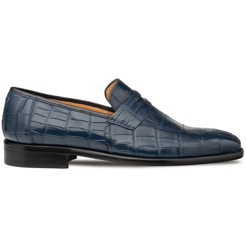 Blue alligator penny loafer by Mezlan. Slip-on style with textured leather upper, rounded toe, and raised penny strap. Features a low-profile black leather sole.