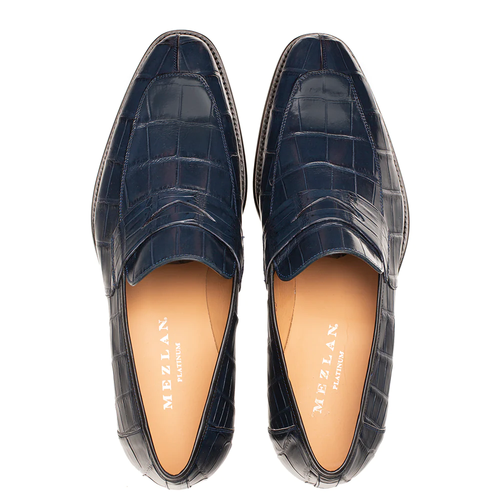 Blue Mezlan Piccolo Alligator Penny Loafer. Sleek, rounded design with smooth, embossed alligator leather upper. Tan leather lining and durable outsole.