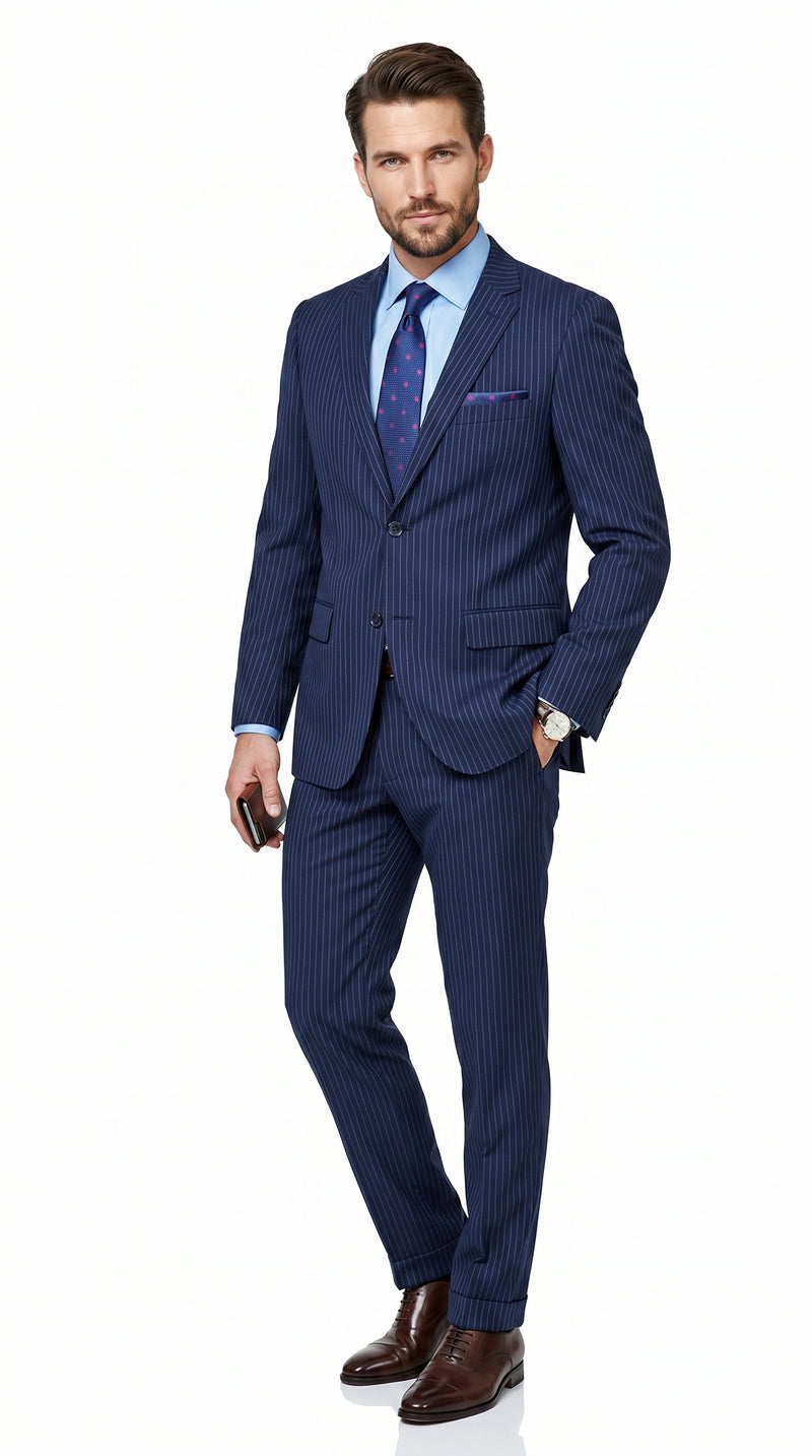 Men’s Navy Pinstripe 2 Piece Suit, Classic Formal Wedding Business Dress Suit Set
