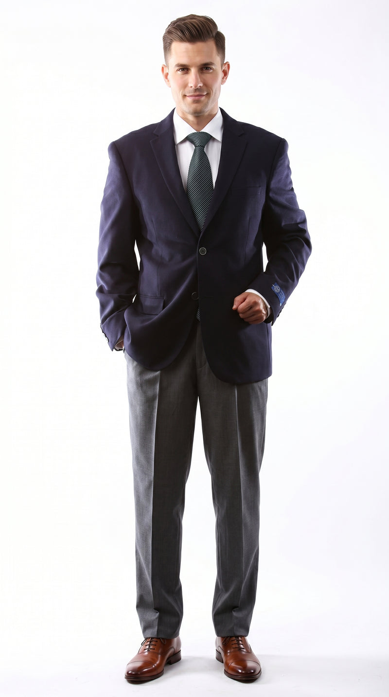 Men’s Navy 2 Button Blazer, Superior 150s Wool Feel Microfiber Formal Business Jacket