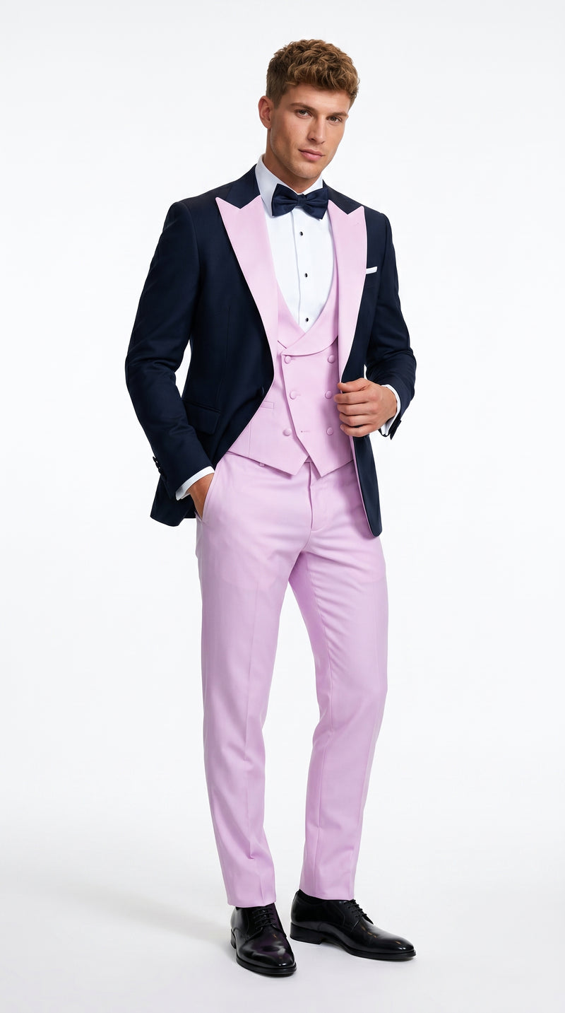 Men’s Black and Pink 100% Wool Vested Tuxedo, Peak Lapel Wedding Prom Formal Suit Set