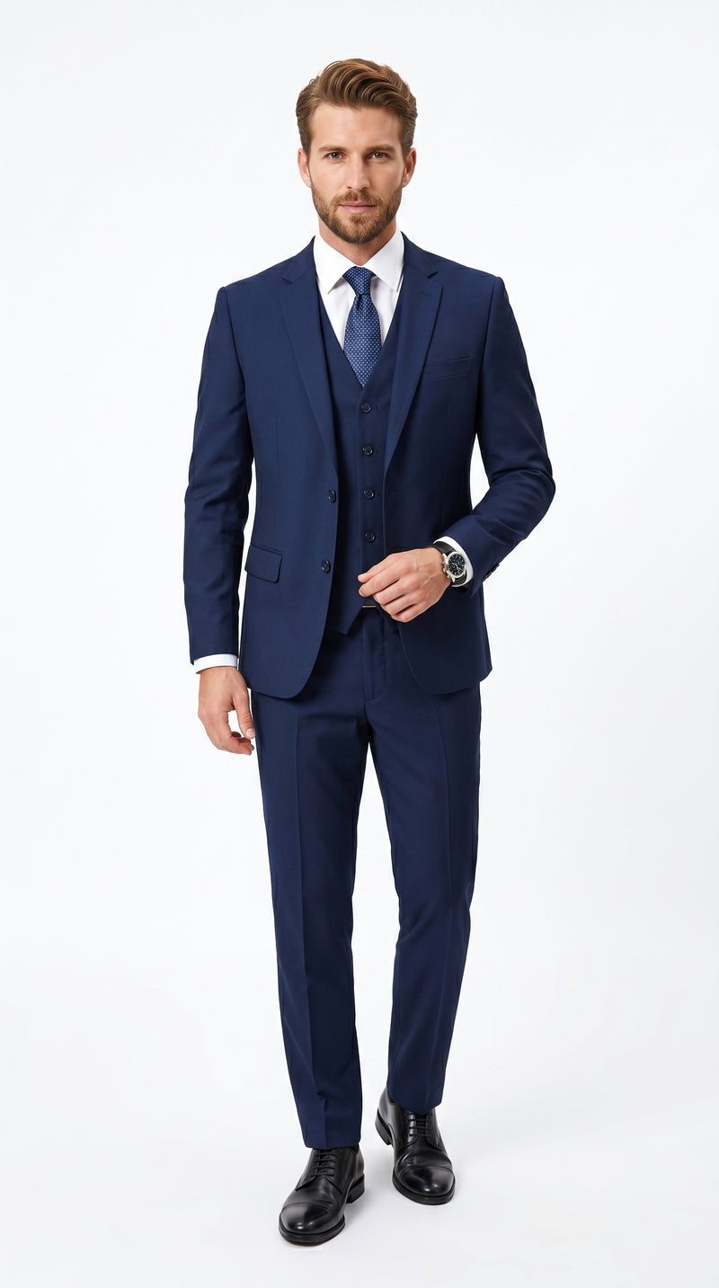 Men’s Navy 100% Wool Vested Tuxedo, Shawl Lapel Wedding Prom Formal Suit Set