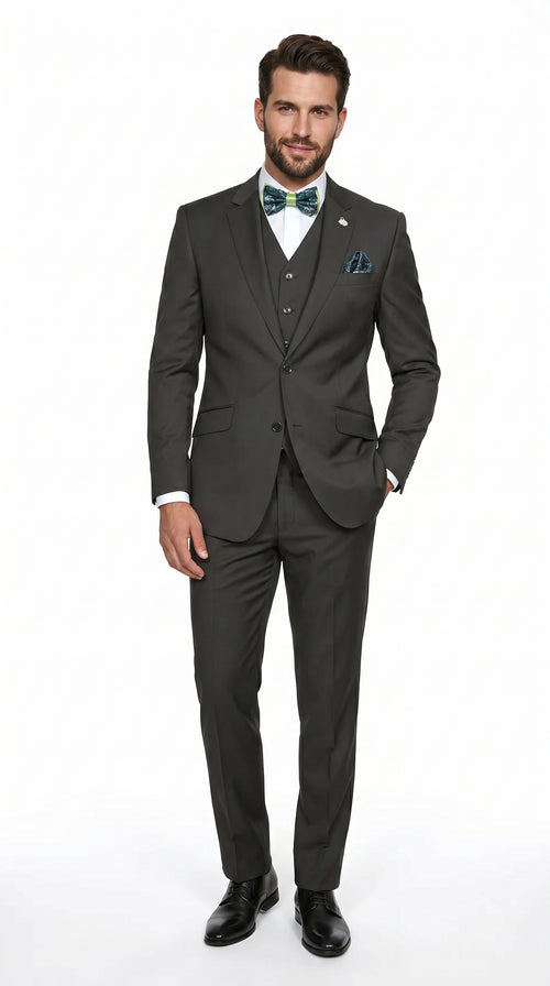 Statement Men’s Solid Olive 100% Wool Vested Suit, Formal Wedding Business 3 Piece Suit Set