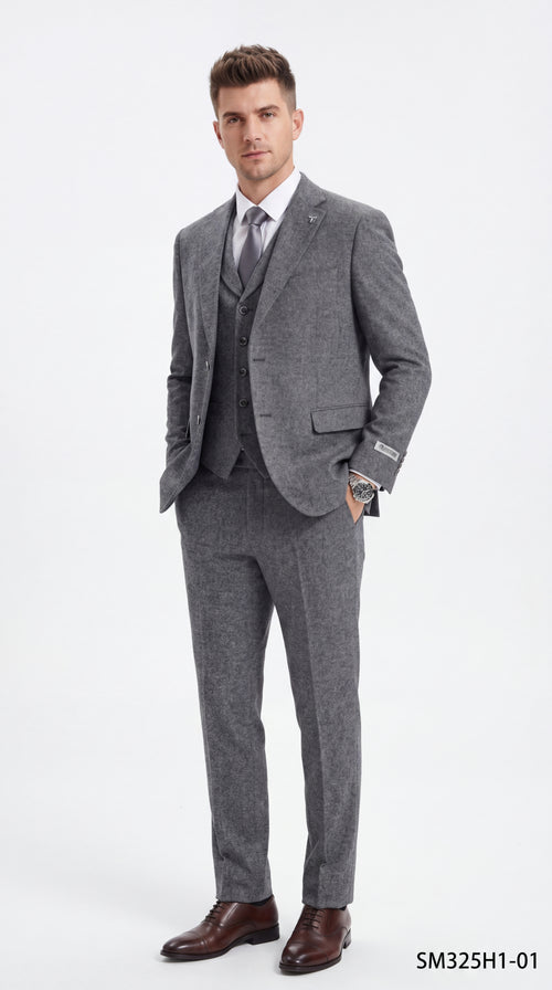 Stacy Adams Men’s Herringbone 3 Piece Hybrid Fit Suit, Formal Wedding Business Suit in Brown and Gray