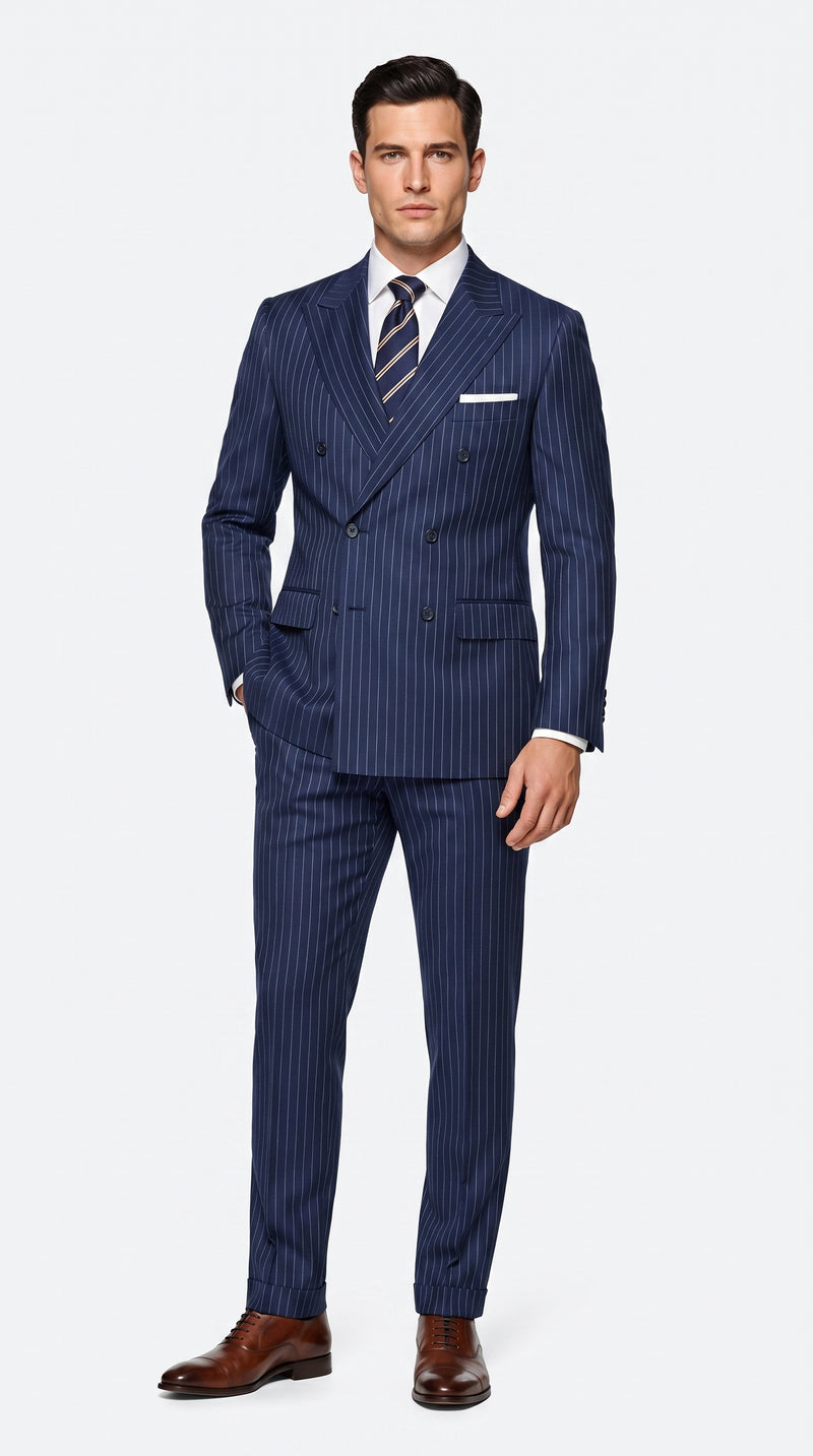Men’s Navy Blue Double Breasted Pinstripe Suit, 100% Wool Formal Dress Suit