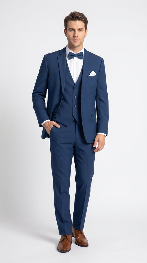 Men’s French Blue Tuxedo Suit with Matching Vest, Bow Tie and Satin Collar