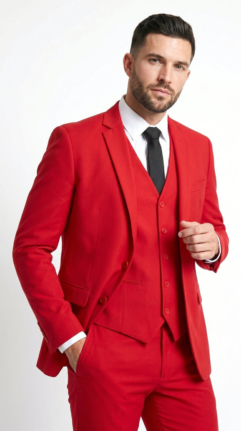 Men’s Red 3 Piece Suit with Jacket, Vest and Pants, Formal Wedding Prom Dress Suit