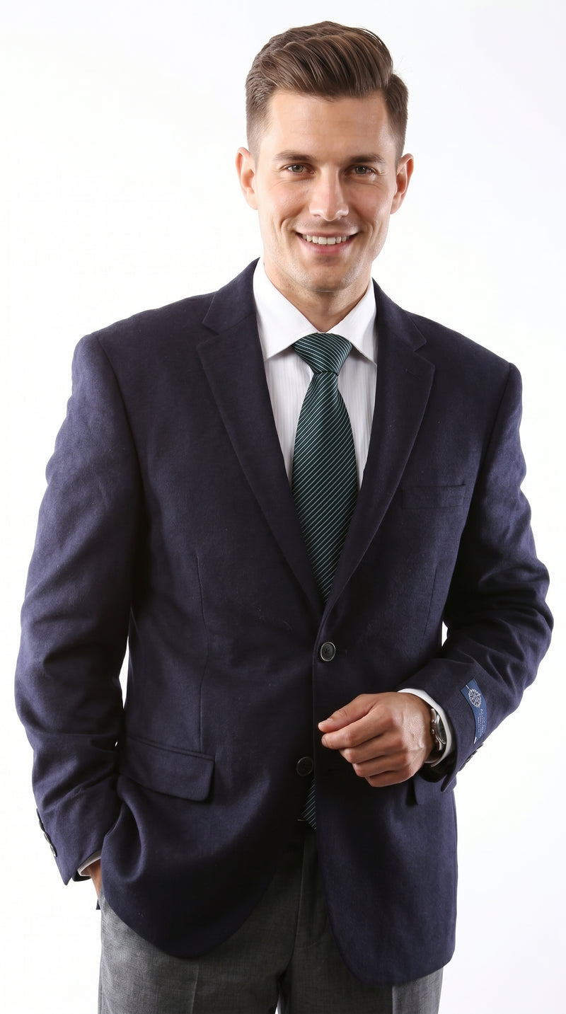 Men’s Navy 2 Button Blazer, Superior 150s Wool Feel Microfiber Formal Business Jacket