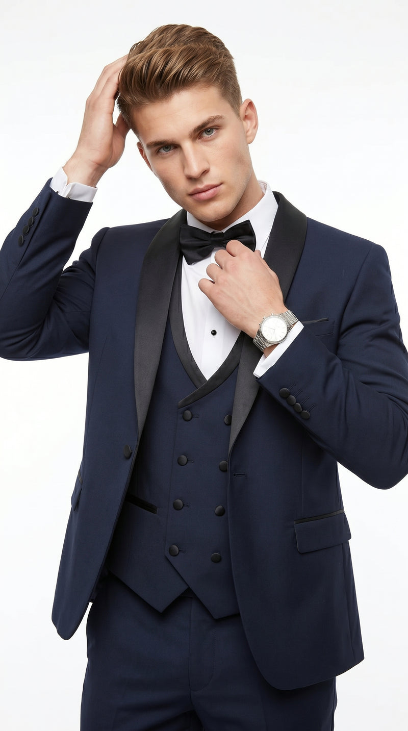 Men’s Navy 100% Wool Vested Tuxedo, Shawl Lapel Wedding Prom Formal Suit Set
