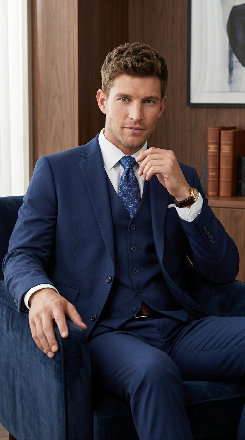 Statement Men’s Solid Sapphire 100% Wool Vested Suit, Formal Wedding Business 3 Piece Suit Set