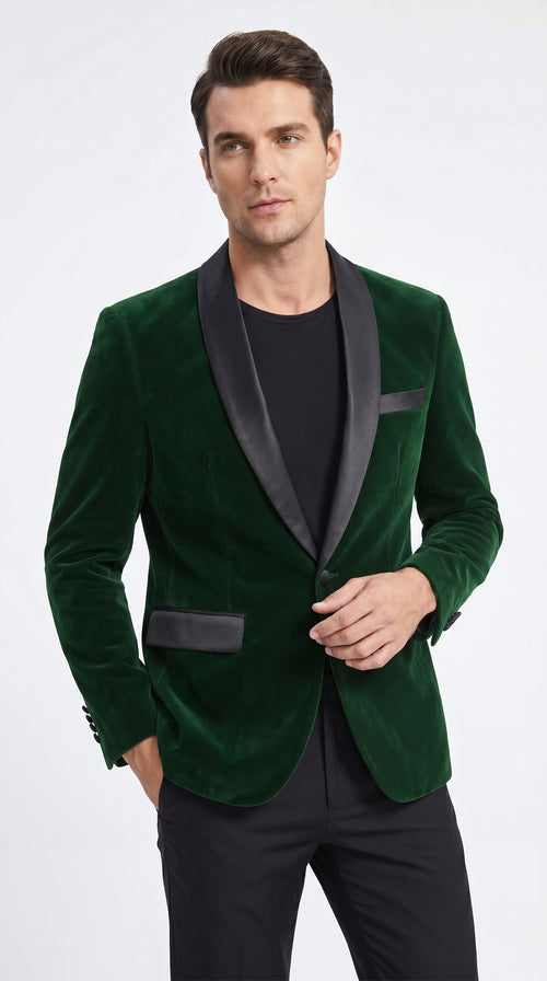 Men’s Emerald Green Velvet Blazer with Black Satin Shawl Lapel, Formal Dinner Jacket
